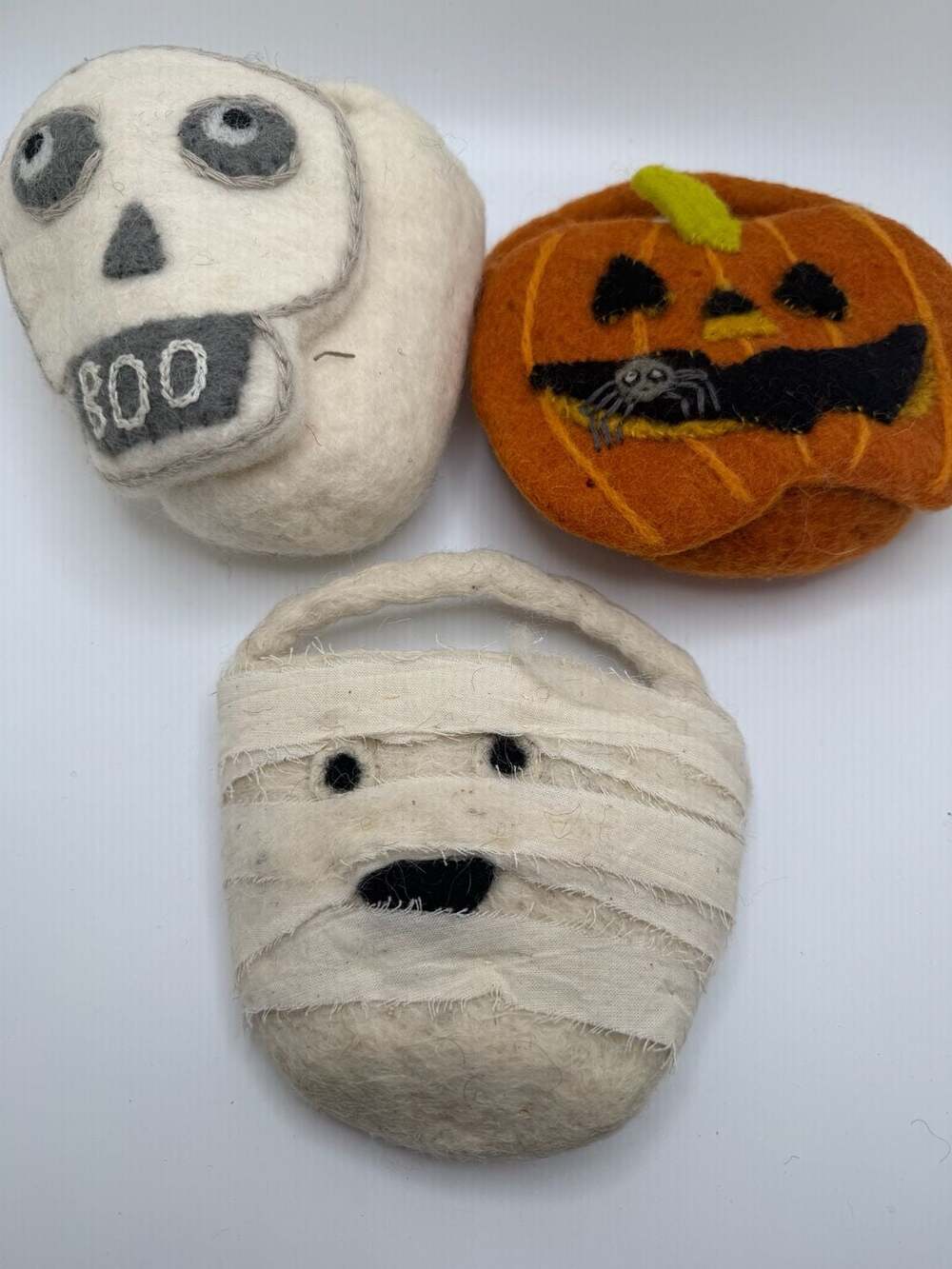 Halloween Felt Treat Bags Set of 3 Mummy Skull Pumpkin 6” Candy Baskets
